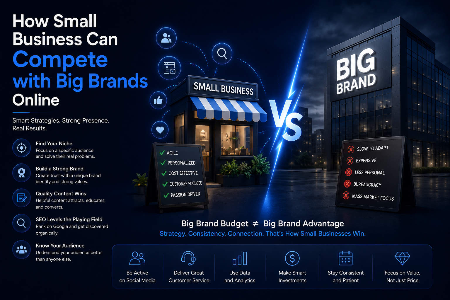 Small business competing with big brands online marketing illustration